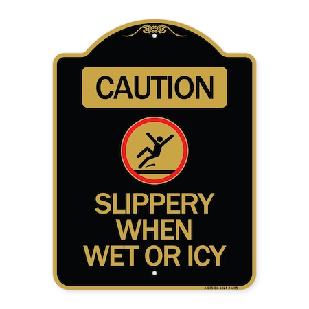 Signmission Caution-Slippery When Wet or Icy W/ Graphic, Black & Gold Aluminum Sign, 18" H, BG-1824-24285 A-DES-BG-1824-24285